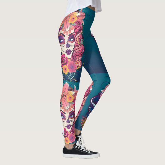 Suikerschedelvrouw in bloemkroon leggings (Rechts)
