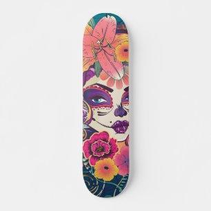 Suikerschedelvrouw in bloemkroon persoonlijk skateboard