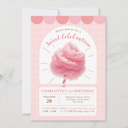 Suikerspin Zoete Viering Roze Uitnodiging (Voorkant)