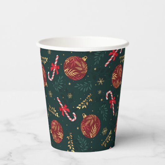 Suikerstokken Sneeuwvlokken Rode Kerstballen Groen Papieren Bekers (Achterkant)