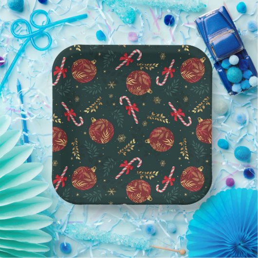 Suikerstokken Sneeuwvlokken Rode Kerstballen Groen Papieren Bordje (Feest)