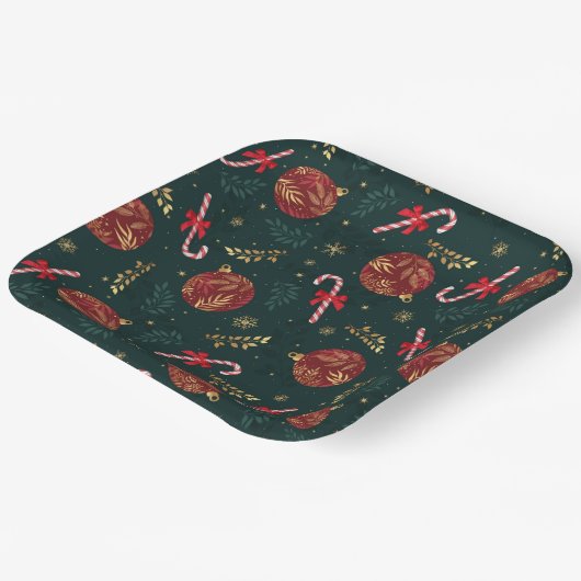 Suikerstokken Sneeuwvlokken Rode Kerstballen Groen Papieren Bordje (Gebogen)