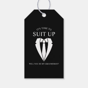 "SUIT UP" Black Suit en Stropdas Groomsman Voorste Cadeaulabel