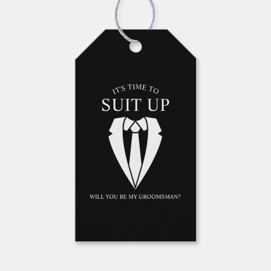 "SUIT UP" Black Suit en Stropdas Groomsman Voorste Cadeaulabel (Voorkant)