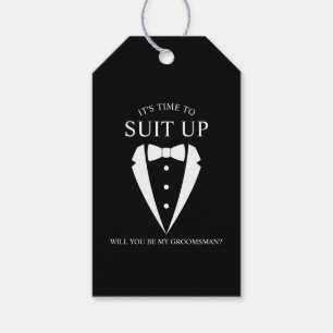 "SUIT UP" Black Tuxedo Suit Groomsman Voorstel Cadeaulabel