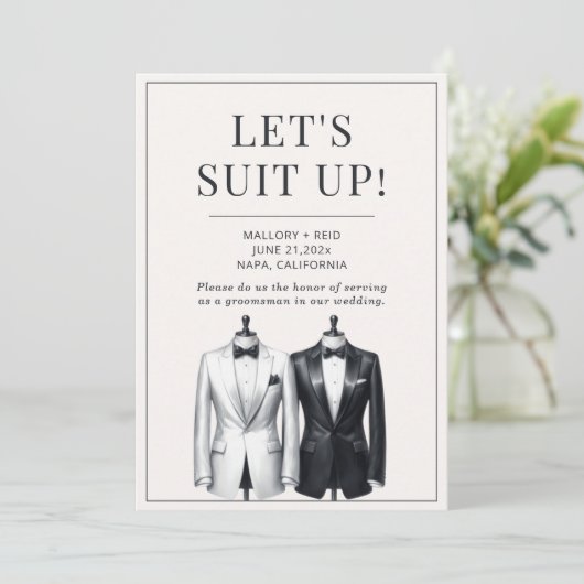 Suit Up Groomsman Usher Beste Man Tuxedo Uitnodigi Kaart (Staand voorkant)