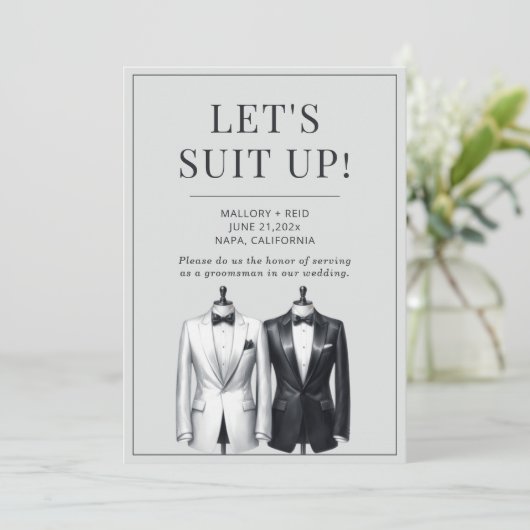Suit Up Groomsman Usher Beste Man Tuxedo Uitnodigi Kaart (Staand voorkant)