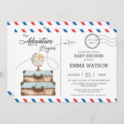  Suitcase Baby shower Boy New Adventure Kaart (Voorkant / Achterkant)