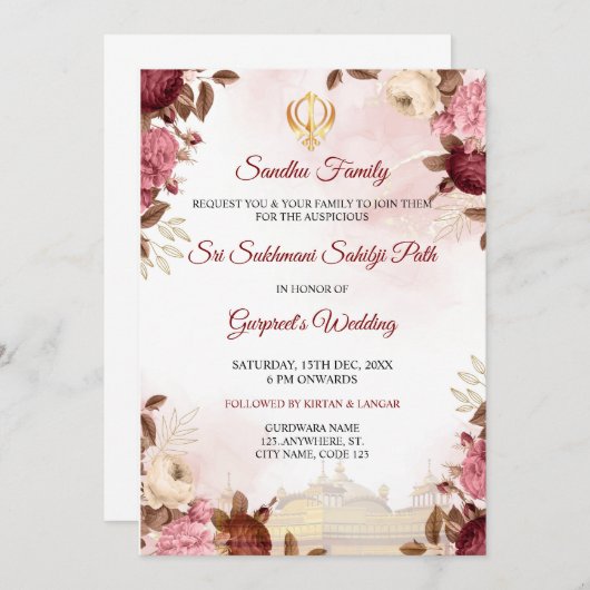 Sukhmani Sahib Paath Invitation Kaart, Akhnda Path Kaart (Voorkant / Achterkant)