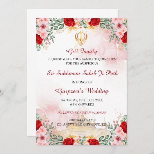 Sukhmani Sahib Path Huwelijksuitnodiging Kaart (Voorkant / Achterkant)