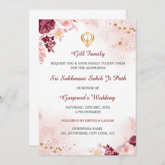 Sukhmani Sahib Path Uitnodiging, Sikh Trouwkaart Kaart (Voorkant / Achterkant)