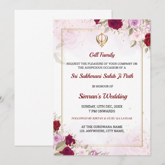 Sukhmani Sahib Path Uitnodigingskaart Kaart (Voorkant / Achterkant)