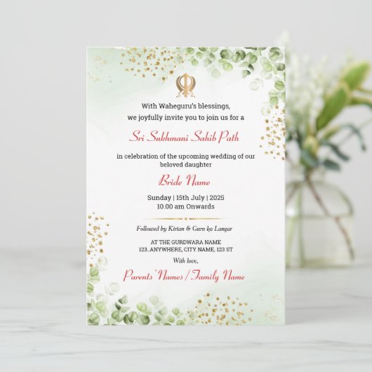 Sukhmani Sahib Path Wedding Invitation Kaart (Staand voorkant)