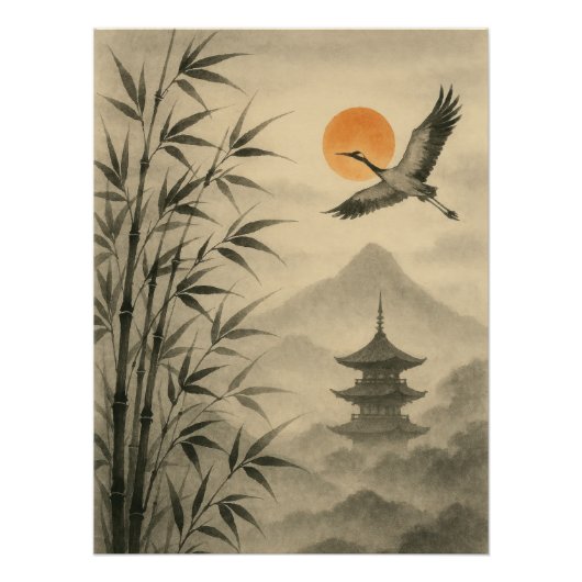 Sumi-e Crane Bamboo Poster | Traditional Japanese (Voorkant)