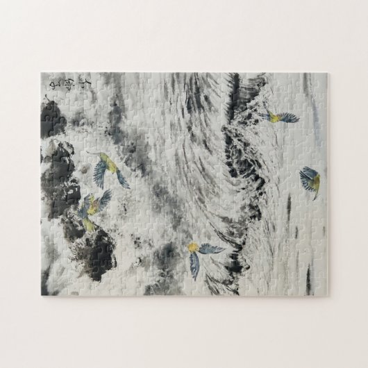 Sumi e Ocean puzzle met groene vogels Legpuzzel (Horizontaal)