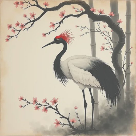 Sumi-E Red-Crowned Crane Vinyl Sticker (Voorkant)