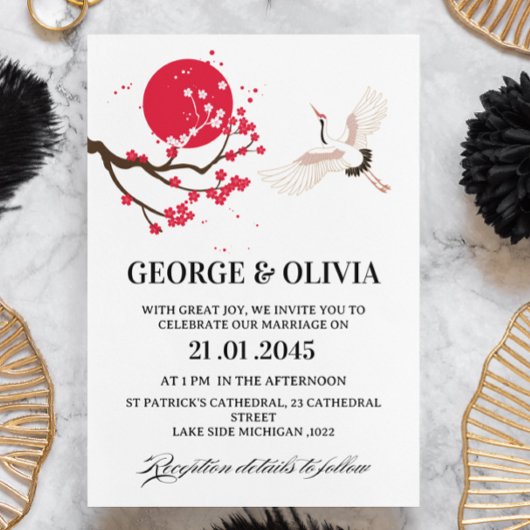  Sumi-e Style Japanese Cherry Blossom Wedding Kaart