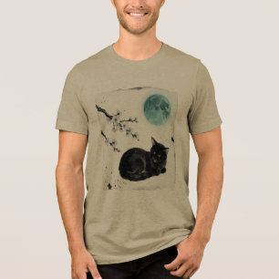 Sumi-e Zwarte Kat Blauwe Maan Kersenbloesem Kunst Tri-Blend Shirt