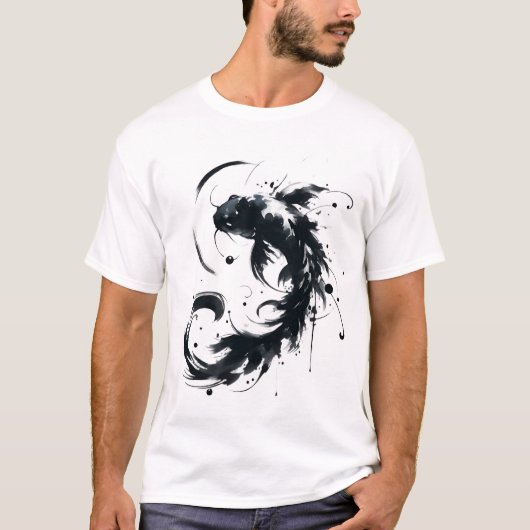 Sumie Brushstroke Karasu Zwart Koi Fish T-shirt (Voorkant)