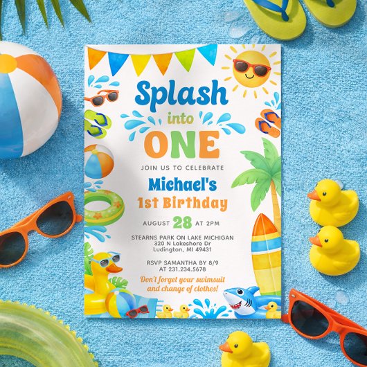 Summer 1st Birthday Invitation - Splash into One Kaart