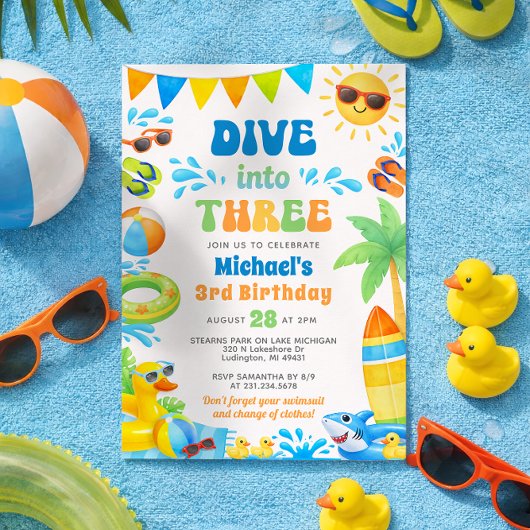Summer 3rd Birthday Invitation - Dive into Three Kaart