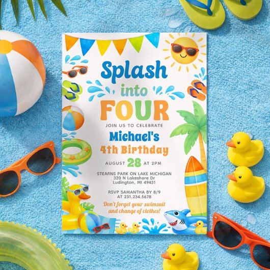 Summer 4th Birthday Invitation - Splash into Four Kaart
