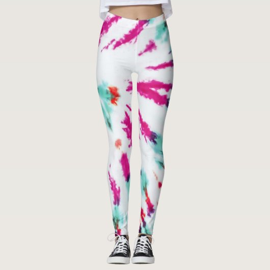 Summer Artsy Girly Neon Blauwgroen Roze Tie Dye Pa Leggings (Voorkant)