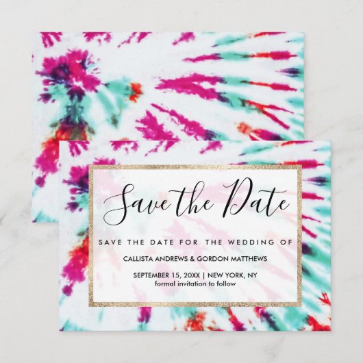 Summer Artsy Girly Neon Blauwgroen Roze Tie Dye Pa Save The Date (Voorkant / Achterkant)