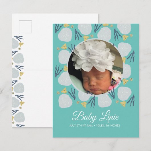 Summer Baby Beach Theme Border Foto Birth Aankondigingskaart (Voorkant / Achterkant)