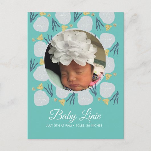 Summer Baby Beach Theme Border Foto Birth Aankondigingskaart (Voorkant)