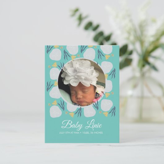 Summer Baby Beach Theme Border Foto Birth Aankondigingskaart (Staand voorkant)