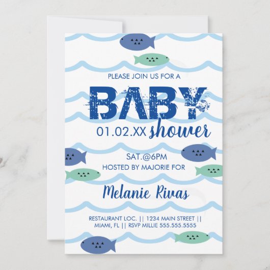 Summer Baby shower Blue Waves Fish Invitation Kaart (Voorkant)