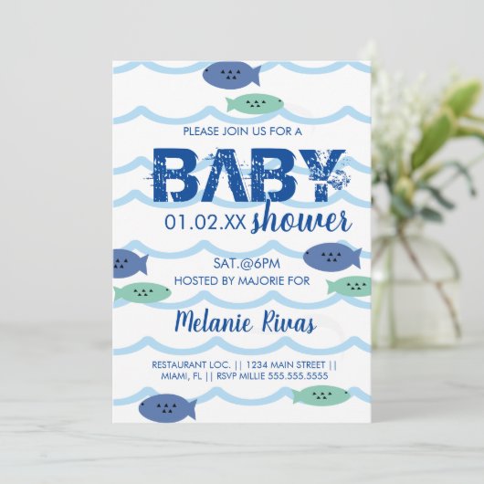 Summer Baby shower Blue Waves Fish Invitation Kaart (Staand voorkant)