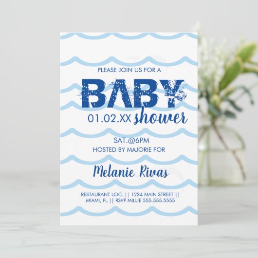 Summer Baby shower Blue Waves Pattern Invitation Kaart (Staand voorkant)