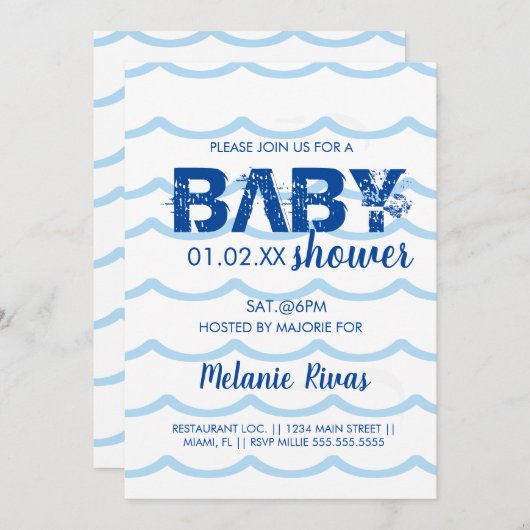 Summer Baby shower Blue Waves Pattern Invitation Kaart (Voorkant / Achterkant)