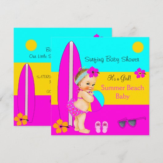 Summer Baby shower Girl Beach Surfing Blonde Kaart (Voorkant / Achterkant)