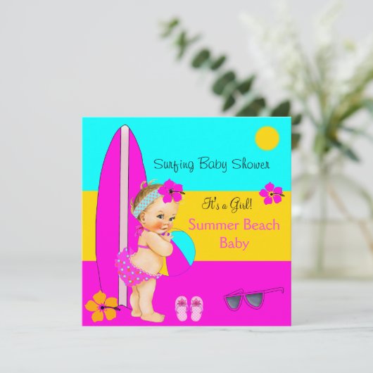 Summer Baby shower Girl Beach Surfing Blonde Kaart (Staand voorkant)