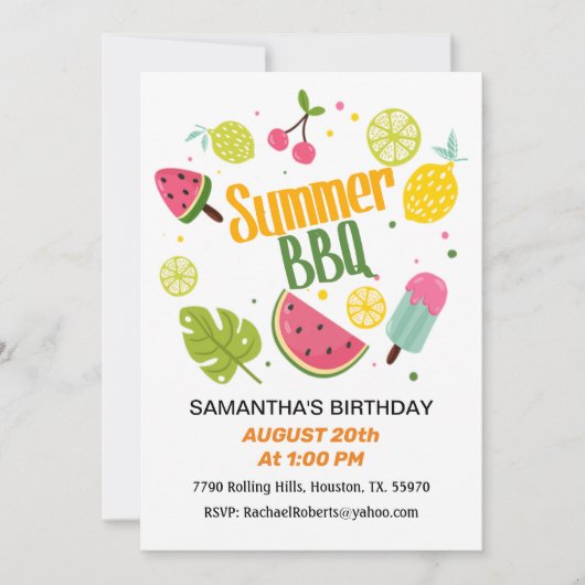 Summer Barbecue Birthday Invitation Kaart (Voorkant)