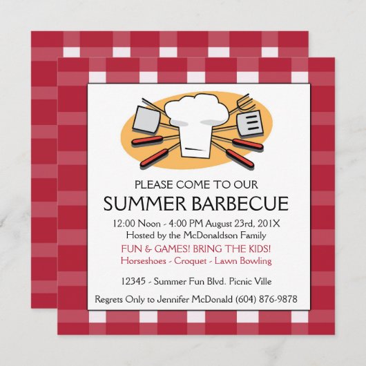 Summer Barbecue Gingham Tablecloth Picnic Invite Kaart (Voorkant / Achterkant)