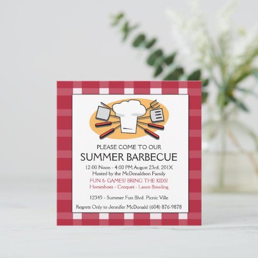 Summer Barbecue Gingham Tablecloth Picnic Invite Kaart (Staand voorkant)