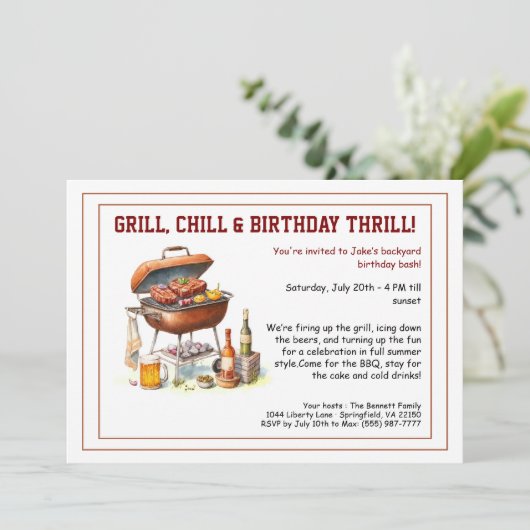Summer BBQ Birthday Invitation with Beer Backyard  Kaart (Staand voorkant)