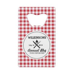 Summer BBQ Grill Cookout Reunion Red Gingham Check Creditkaart Flessenopener