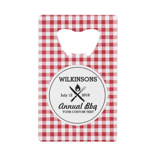 Summer BBQ Grill Cookout Reunion Red Gingham Check Creditkaart Flessenopener (Voorkant)