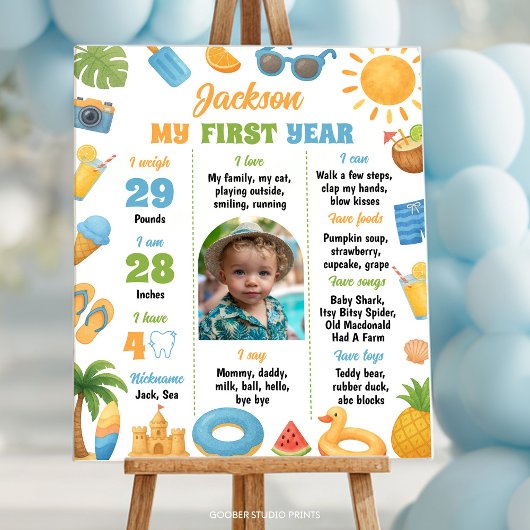 Summer Beach 1st Birthday Party Photo Milestone Poster