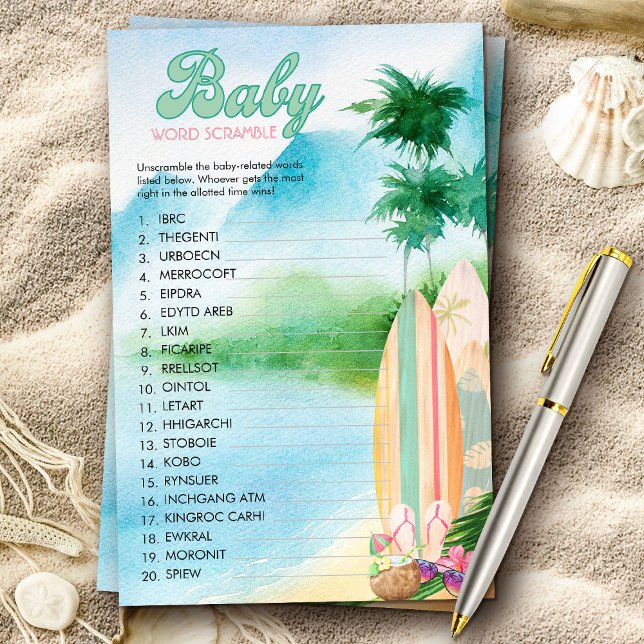 Summer Beach Baby Word Scramble Douche spel (Baby shower game with tropical beach surfing theme from my Baby on Board baby shower collection)