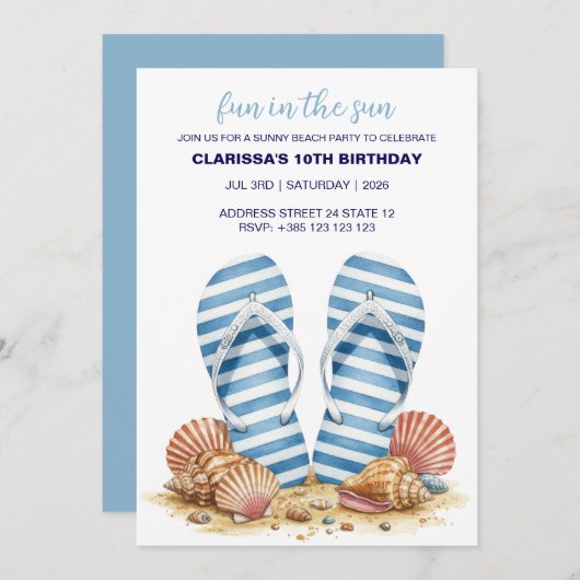 Summer Beach Birthday Party Invitation Kaart (Voorkant / Achterkant)