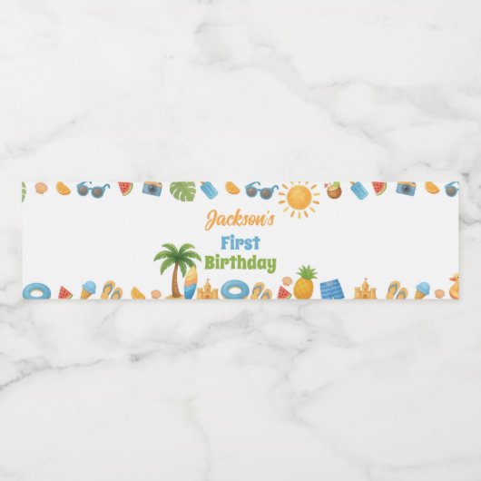 Summer Beach Birthday Party Water Bottle Label Waterfles Etiket (Enkel label)