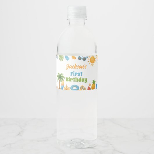 Summer Beach Birthday Party Water Bottle Label Waterfles Etiket (Voorkant)