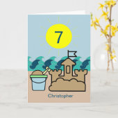 Summer Beach Blue Pail Sandcastle 7th Birthday Kaart (Gele Bloem)