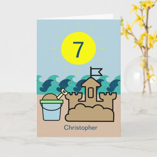 Summer Beach Blue Pail Sandcastle 7th Birthday Kaart (Gele Bloem)